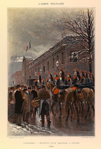 Typer og uniformer til den franske Armee of Captain Jules Richard, illustrert av Edouard Detaille (1848-1912): Cuirassiers: Mottakelse av en ambassade ved Elysee i 1886, privat samling av Jean Baptiste Edouard Detaille