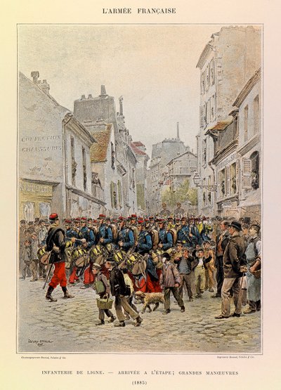 Typer og uniformer til den franske arméen til kaptein Jules Richard, illustrert av Edouard Detaille (1848-1912): Linjeinfanteri: Ankomst til scenen under de store manøvrene i 1885, Privat samling av Jean Baptiste Edouard Detaille
