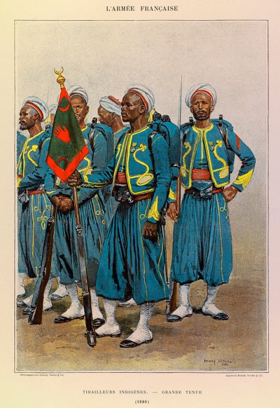 Typer og uniformer til den franske Armee of Captain Jules Richard, illustrert av Edouard Detaille (1848-1912): Native Tirailleurs in Great Outfit in 1886, Private Collection av Jean Baptiste Edouard Detaille