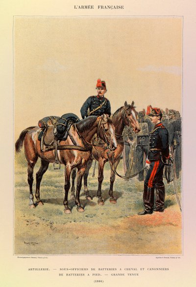 Typer og uniformer til den franske arméen til kaptein Jules Richard, illustrert av Edouard Detaille (1848-1912): Artilleri: Underoffiserer av batterier på hester og skyttere av batteri til fots i store antrekk i 1886, Privat samling av Jean Baptiste Edouard Detaille