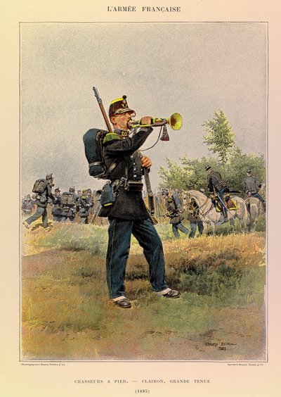 Typer og uniformer til den franske Armee av kaptein Jules Richard, illustrert av Edouard Detaille (1848-1912): Jegere til fots: Bugle i flott kjole i 1885, Privat samling av Jean Baptiste Edouard Detaille