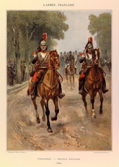 Typer og uniformer av den franske arméen til kaptein Jules Richard, illustrert av Edouard Detaille (1848-1912): Cuirassiers: Eskortepelton i 1885, Privat samling av Jean Baptiste Edouard Detaille