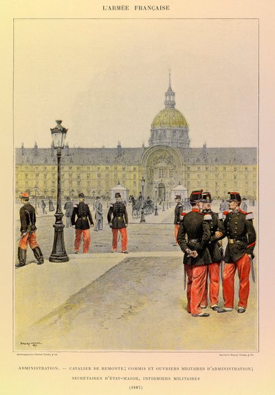 Typer og uniformer til den franske arméen til kaptein Jules Richard, illustrert av Edouard Detaille (1848-1912): Administrasjon: Rytter, militær kontorist og administrative arbeidere, stabssekretærer, militærsykepleiere i 1887, Privat samling av Jean Baptiste Edouard Detaille