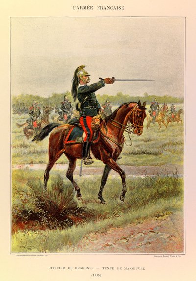 Typer og uniformer til den franske arméen til kaptein Jules Richard, illustrert av Edouard Detaille (1848-1912): Dragenes offiser i manøverdrakt i 1885, privat samling av Jean Baptiste Edouard Detaille