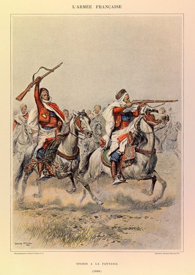 Typer og uniformer av den franske Armee av kaptein Jules Richard, illustrert av Edouard Detaille (1848-1912): Spahis a la Fantasia i 1886, privat samling av Jean Baptiste Edouard Detaille