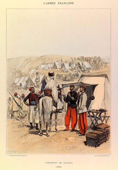 Typer og uniformer av den franske Armee av kaptein Jules Richard, illustrert av Edouard Detaille (1848-1912): Camp of Zouaves i 1886, privat samling av Jean Baptiste Edouard Detaille
