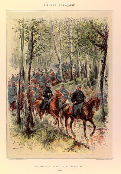 Typer og uniformer til den franske Armee of Captain Jules Richard, illustrert av Edouard Detaille (1848-1912): Hunters a horse in maneuver in 1885, Private Collection av Jean Baptiste Edouard Detaille