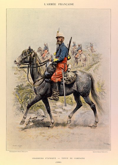 Typer og uniformer av den franske Armee of Captain Jules Richard, illustrert av Edouard Detaille (1848-1912): Hunters of Africa in Country Dress in 1886, Private Collection av Jean Baptiste Edouard Detaille