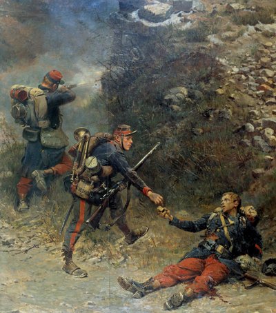 Krigen i 1870: "" The bottom of the giberne"" En skadet infanterist gir sine siste prosjektiler til sin følgesvenn under slaget ved Champigny (11.11.1870). Detalj av et maleri av Jean-Baptiste-Edouard Detaille (1848-1912) og Alphonse de Neuville (Deneuvi) av Jean Baptiste Edouard Detaille