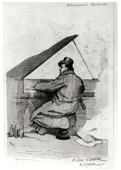 Alexis Emmanuel Chabrier (1841-94) ved pianoet, gravert av Florian (se også 165875) av Jean Baptiste Edouard after Detaille