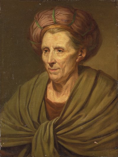 Portrett av en kvinne, bystelengde, med brun turban og grønt sjal av Jean Baptiste Greuze