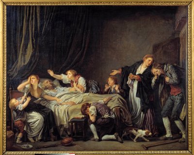 Sønnen straffet Sønnen vender hjem og finner familien gråtende ved sengen til den døde farens seng. Maleri av Jean Baptiste Greuze (1725-1805) 1778 Søn. 1,3x1,63 m av Jean Baptiste Greuze