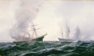 Et skip i brann på havet, med et annet stående av Jean Baptiste Henri Durand Brager