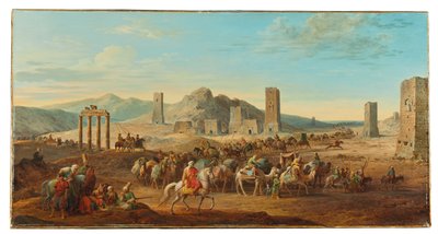 To campingvogner ved inngangen til dalen som fører til Palmyra av Jean Baptiste Hilair