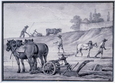Landbruk: pløyescene. Tegning av Jean Baptiste Huet (1745-1811) Paris fra 1700-tallet, Louvre-museet av Jean Baptiste Huet
