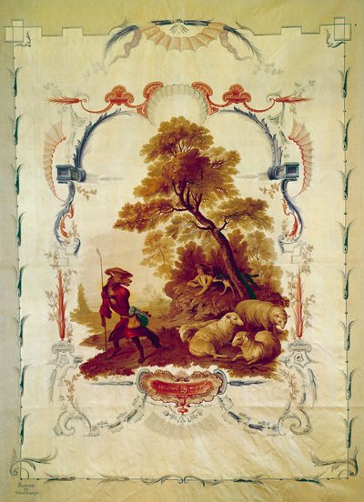 Ulven ble gjeter Illustrasjon for fabelen av Jean de La Fontaine. Tapetet av Jean Baptiste Huet (1745-1811) laget av Beauvais-produsentene. Paris fra 1700-tallet, nasjonale møbler. av Jean Baptiste Huet