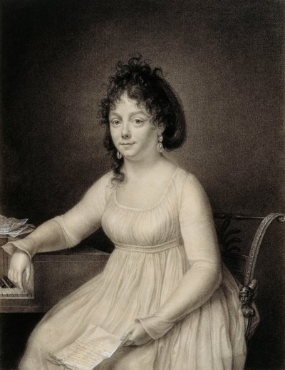 En sittende dame, trekvart lang, antagelig et medlem av kunstnerens familie som holder et brev i venstre hånd og hviler høyre arm på siden av et piano, 1820 av Jean Baptiste Jacques Augustin