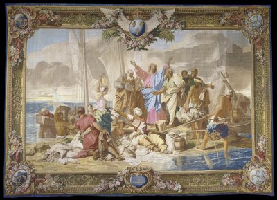 ""Det mirakuløse fiske"" Det nye testamente hengende i ull og silke Manufacture royale des Gobelins, verksted til Jean Lefebvre, etter Jean Jouvenet (1644-1717) av Jean Baptiste Jouvenet