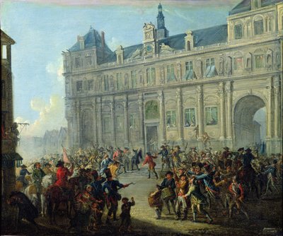 Mordet på Jacques de Flesselles på trappene til rådhuset 14. juli 1789 av Jean-Baptiste Lallemand