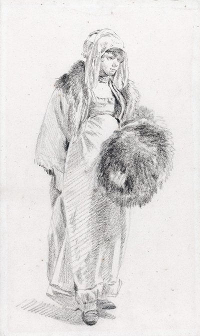 Russisk kvinne med pelsmuff av Le Prince, Jean-Baptiste (1734-1781), Mellom 1758 og 1761 - Svart kritt på papir, 22,9x13,8 - Privat samling av Jean Baptiste Le Prince