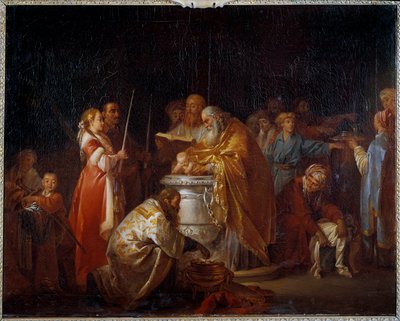 Russisk dåp En ortodoks pave døper et barn foran sine foreldre. Maleri av Jean Baptiste Leprince (1733-1781) 1765 Søn. 0,73x0,92 m av Jean Baptiste Leprince