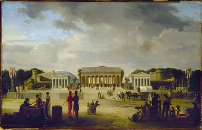 Utsikt over det store teateret reist på Place de la Concorde for fredsfestivalen, 18. Brumaire, år X (9. november 1801), i 1801 (olje på tre) av Jean-Baptiste-Louis Cazin