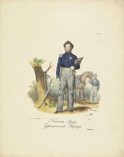 Pensjonert kaptein, 1820-1825 Nederlandsche Armée, pensjonert Kapiteyn (tittel på objekt) Militære kostymer fra kongeriket Nederland. Dedikert til Hans eksellens Willem van Bylandt (serietittel på objekt) av Jean Baptiste Madou