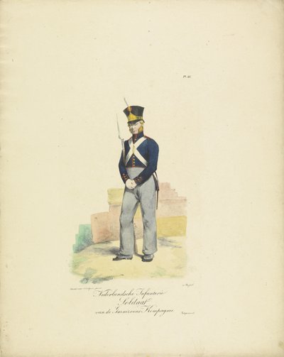 Soldat Garnison Company, 1820-1825 Dutch Infantry Soldier of the Garrison Company (tittel på objekt) Militære kostymer fra kongeriket Nederland. Dedikert til Hans eksellens Willem van Bylandt (serietittel på objekt) av Jean Baptiste Madou