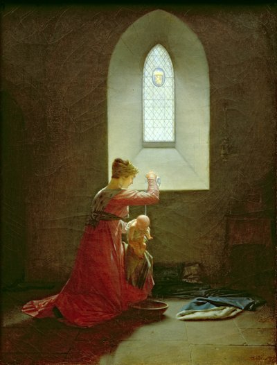 Genevieve av Brabant døper sønnen sin i fengselet av Jean Baptiste Mallet