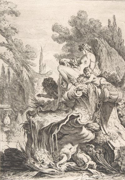 The Seated Nymph En fontene med en naiad på et konkylie, ca. 1740. av Jean Baptiste Marie Pierre