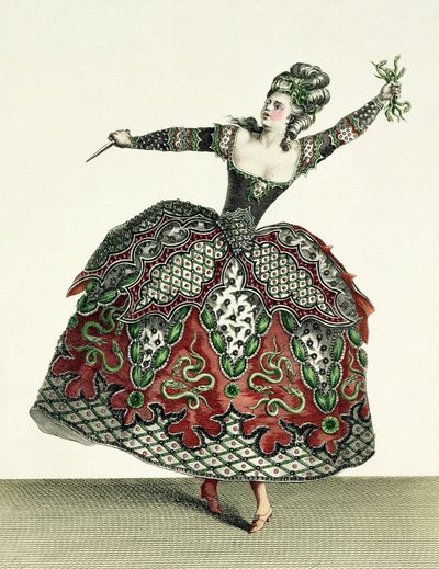 Costume for a Fury in Iphigenia in Tauris og flere andre operaer, gravert av Rene Gaillard (ca. 1710-90) ca. 1780 av Jean Baptiste Martin