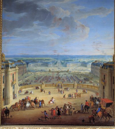 Les Ecuries sett fra slottet i Versailles, hentet fra marmorgårdsplassen, Francoise d'Aubigne, Marquise (Madame) de Maintenon (1635-1719), favoritten til Ludvig XIV, liker å kjøre med vogn til Saint-Cyr Maleri av Jean- Baptiste Martin (den eldste) ( av Jean Baptiste Martin