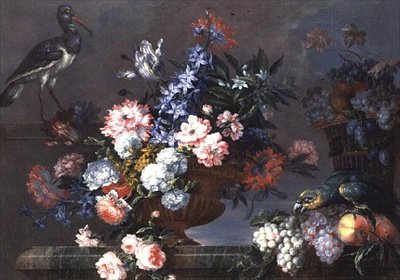 Et stilleben av frukt og blomster med fugler av Jean Baptiste Monnoyer