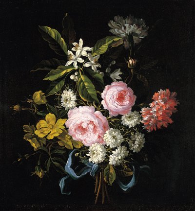 Bukett med kamille, roser, appelsinblomst og nelliker bundet med et blått bånd av Jean Baptiste Monnoyer