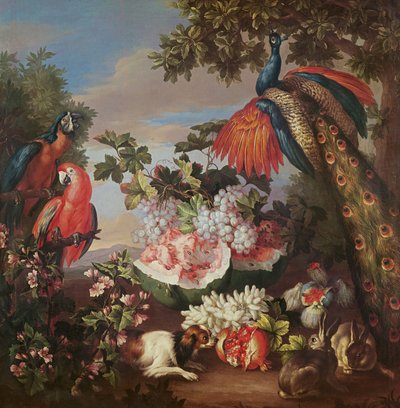 Frukt og eksotiske fugler i et landskap av Jean Baptiste Monnoyer