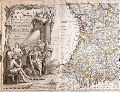 Kart over Guyenne og Gascogne, med et portrett av Ludvig XIV (1638-1715) omgitt av allegoriske karakterer av Jean Baptiste Nolin
