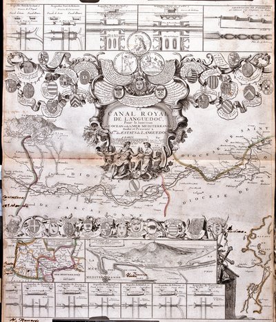 Kart over Canal du Midi, med sine akvedukter (gravering av Jean Baptiste Nolin