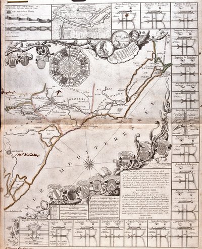 Kart over Canal du Midi, med dens akvedukter (gravering av Jean Baptiste Nolin