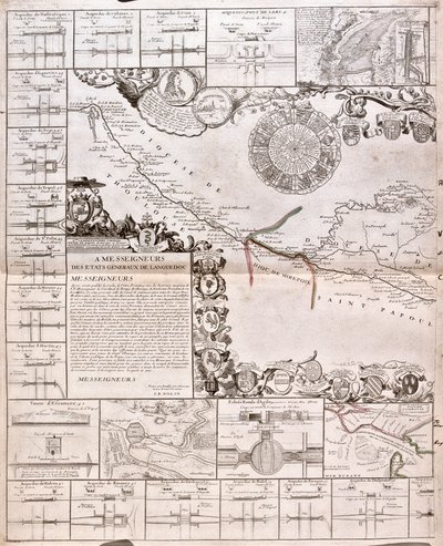 Kart over Canal du Midi, med sine akvedukter (gravering av Jean Baptiste Nolin