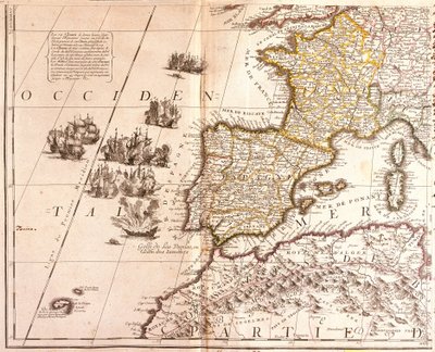 Kart over de vestlige middelhavslandene: Frankrike, Spania, Portugal og Nord-Afrika (Marokko, Algerie, Tunisia), med Balearene, Korsika og Sardinia (radering av Jean Baptiste Nolin