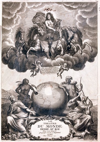 Portrett av Ludvig XIV, flyvende over en jordklode, tittelside (Gravering av Jean Baptiste Nolin
