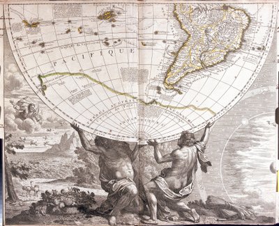 To menn støtter den jordiske gobe, med kartet over Sør-Amerika (etsing av Jean Baptiste Nolin