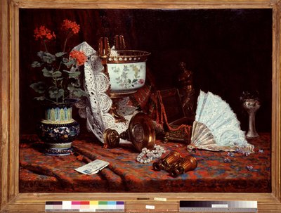 Stilleben har viftebordet dekket med en vase, potte med geranier, kikkert. Maleri av Jean Baptiste Olive (1848-1936) 20. århundre Sun. 85x115 cm Obligatorisk omtale: Collection fondation regards de provence, Marseille av Jean Baptiste Olive