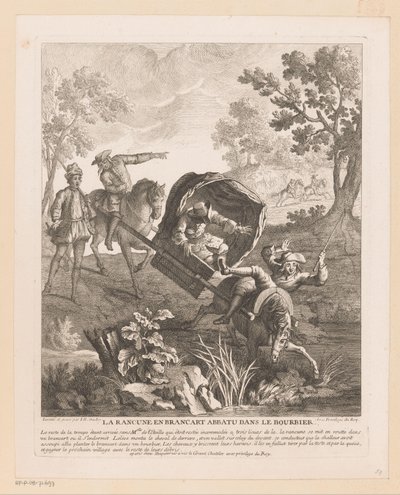 Bærer med hester faller i vannet La Rancune en brancart abbatu dans le bourbier (tittel på objekt) Scener fra Scarrons Roman Comique (serietittel) av Jean Baptiste Oudry