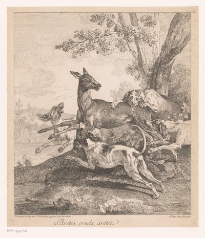 Hjort angrepet av jakthunder Arrêtés, grusomme, arrêtez (...) (tittel på objekt) Jaktscener (serietittel) av Jean Baptiste Oudry