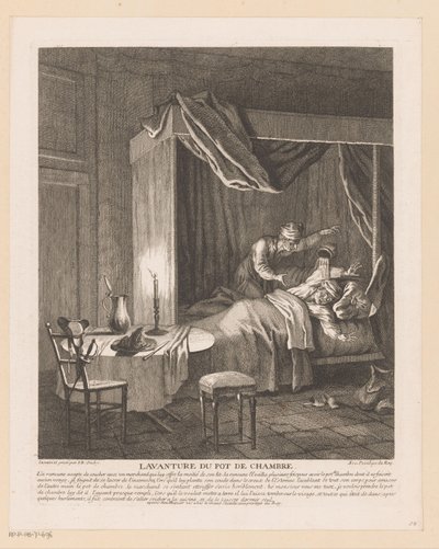 Mannen blir skremt våken av at kammerpotten blir tømt over ham Lavanture du pot de chambre (tittel på objekt) Scener fra Scarrons Roman Comique (serietittel) av Jean Baptiste Oudry