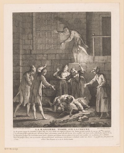 Man valt bovenop een geit La Rapinière faller på bukken (tittel på objekt) Scener fra Roman Comique van Scarron (serietittel) av Jean Baptiste Oudry