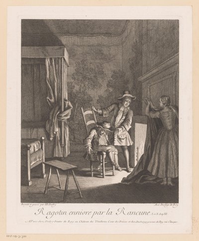 Ragotin full på en stol ved bålet Ragotin ennivré par la rancune (tittel på objekt) Scener fra Scarrons Roman Comique (serietittel) av Jean Baptiste Oudry