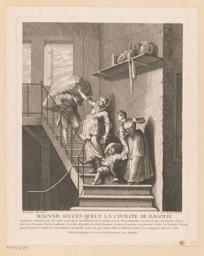 Ragotin møtte twee damer på en felle Dårlig suksess som Ragotins høflighet hadde (tittel på objekt) Scener fra Roman Comique van Scarron (serietittel) av Jean Baptiste Oudry