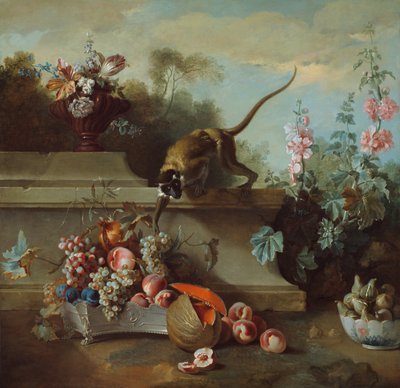 Stilleben med ape, frukt og blomster av Jean Baptiste Oudry